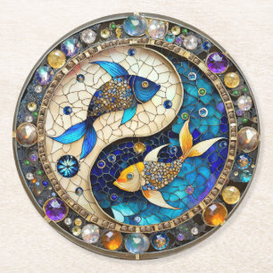 Zodiac - Pisces Fish Yin and Yang Round Paper Coaster
