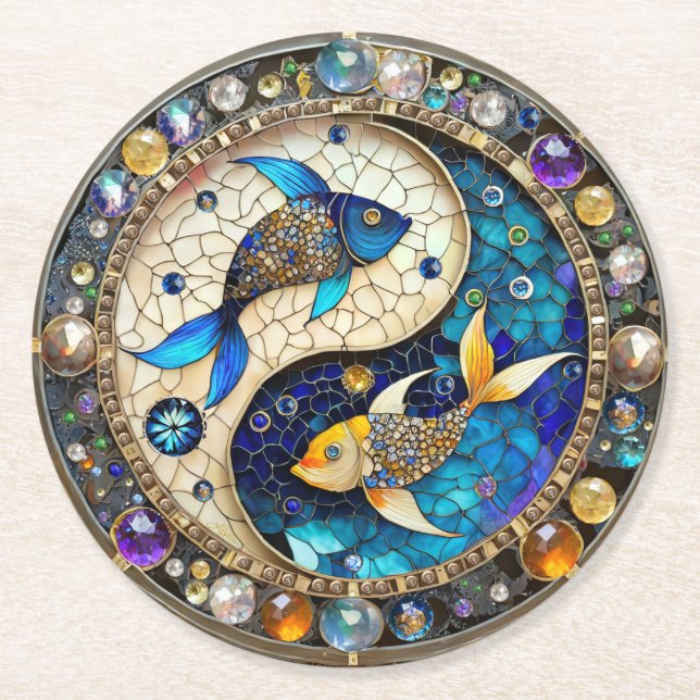 Zodiac - Pisces Fish Yin and Yang Round Paper Coaster (Front)
