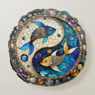 Zodiac - Pisces Fish Yin and Yang Round Pillow