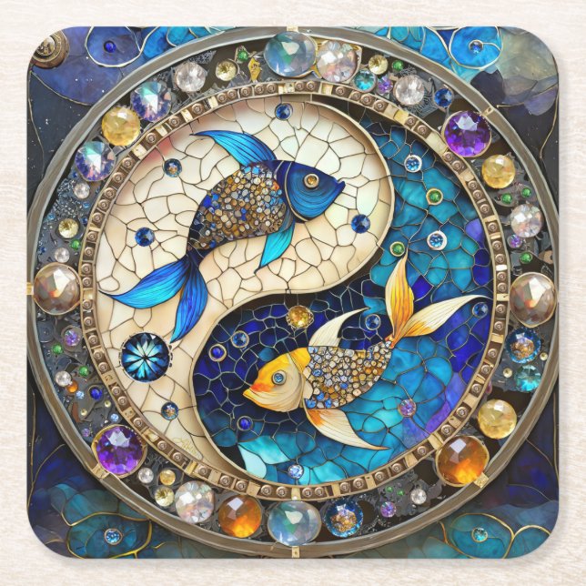 Zodiac - Pisces Fish Yin and Yang Square Paper Coaster (Front)