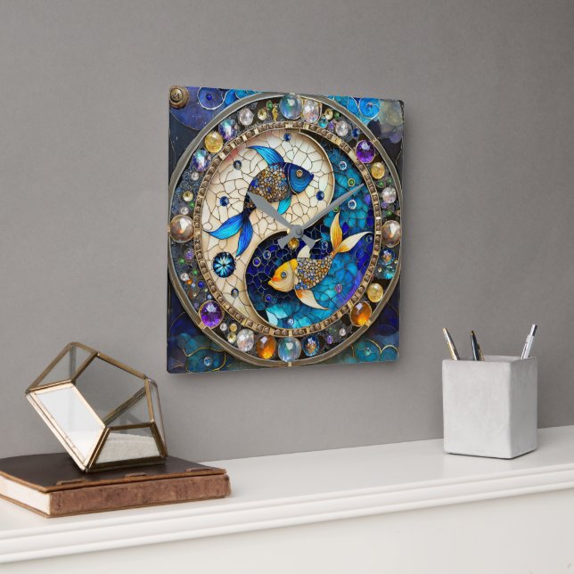 Zodiac - Pisces Fish Yin and Yang Square Wall Clock (Office)