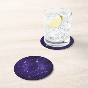 Zodiac Purple Capricorn Astrology Horoscope Round Paper Coaster