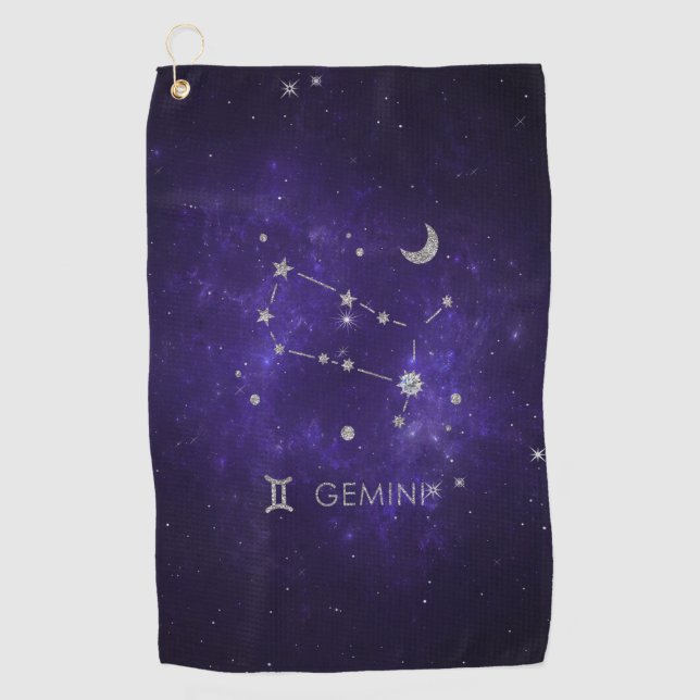 Zodiac Purple Gemini | Cosmic Astrology Horoscope Golf Towel (Front)