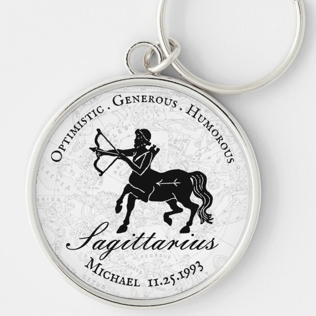 Zodiac Sagittarius Astrology Custom Black White Keychain (Front)