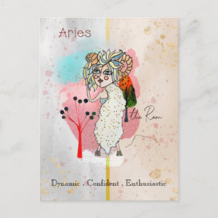 Zodiac Sign Aries Whimsical Girl Symbolic Ram Postcard