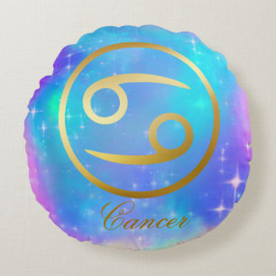 Zodiac Sign Cancer Gold on Colourful Background Round Pillow