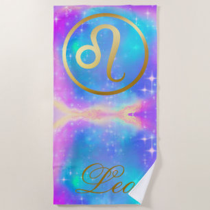 Zodiac Sign Leo Gold on Colourful Background   Beach Towel