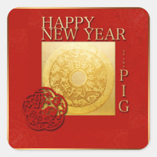 Zodiac Sign Pig Papercut Chinese Year 2019 Square Sticker