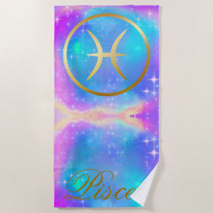 Zodiac Sign Pisces Gold on Colourful Background   Beach Towel