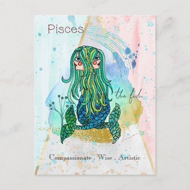 Zodiac Sign Pisces Whimsical Girl Symbolic Fish Postcard (Front)