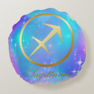 Zodiac Sign Sagittarius Gold Colourful Background Round Pillow