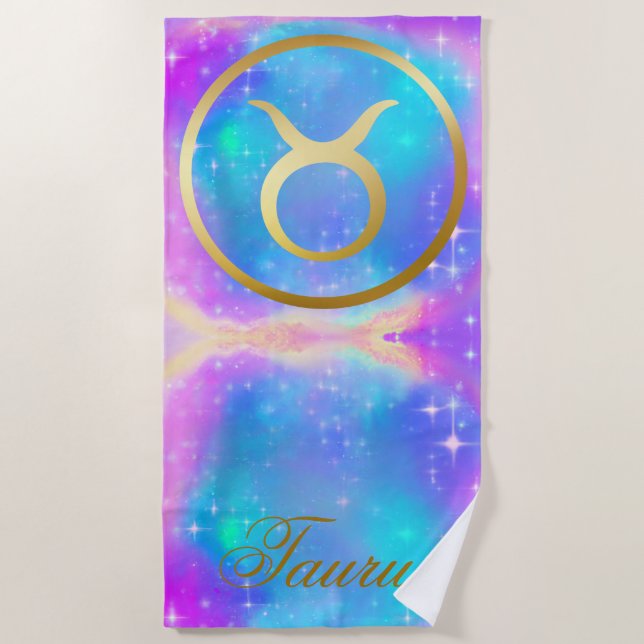 Zodiac Sign Taurus Gold on Colourful Background | Beach Towel (Front)