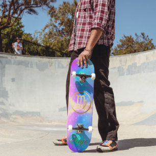 Zodiac Sign Virgo Gold on Colourful Background   Skateboard