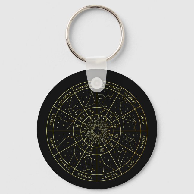 Zodiac star sign horoscope constellations map gold keychain (Front)
