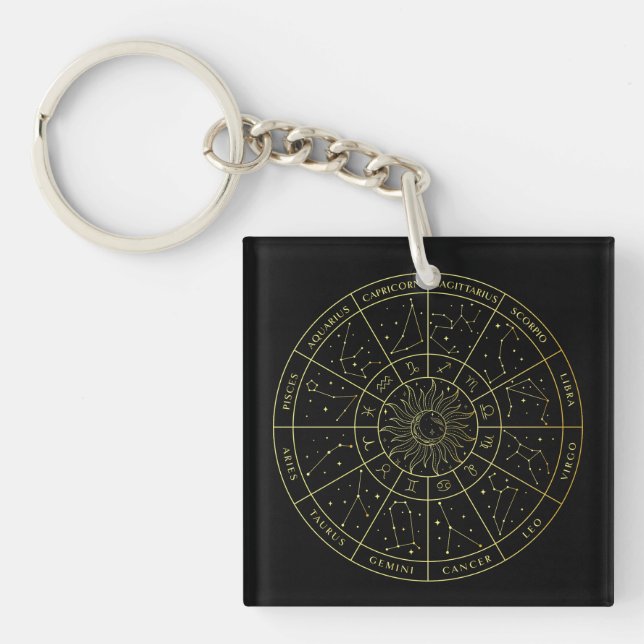 Zodiac star sign horoscope constellations map gold keychain (Front)