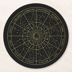 Zodiac star sign horoscope constellations map gold round paper coaster