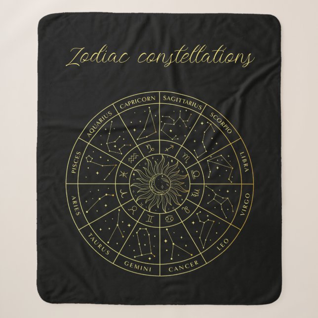 Zodiac star sign horoscope constellations map gold sherpa blanket (Front)