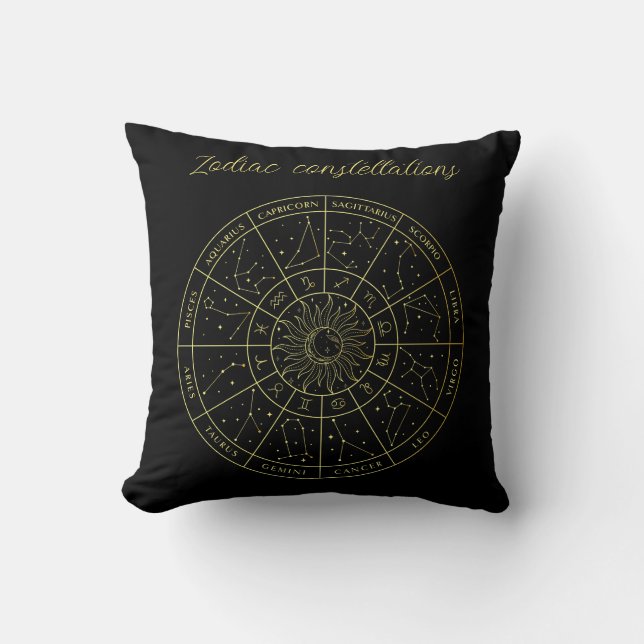 Zodiac star sign horoscope constellations map gold throw pillow (Front)