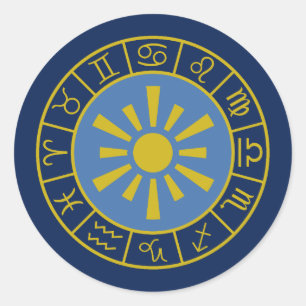 Zodiac Sun Wheel+Astrological Symbols Gold+Blues Classic Round Sticker
