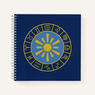 Zodiac Sun Wheel+Astrological Symbols Gold+Blues Notebook