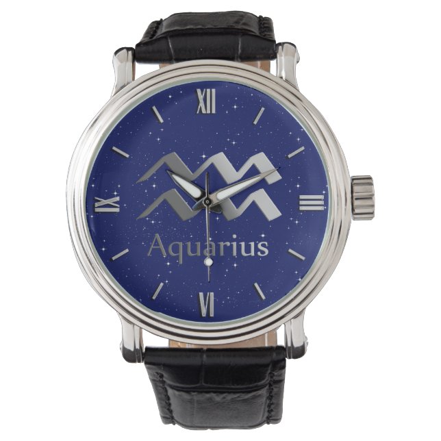 Zodiac Symbol for Aquarius on Deep Midnight Blue Watch (Front)