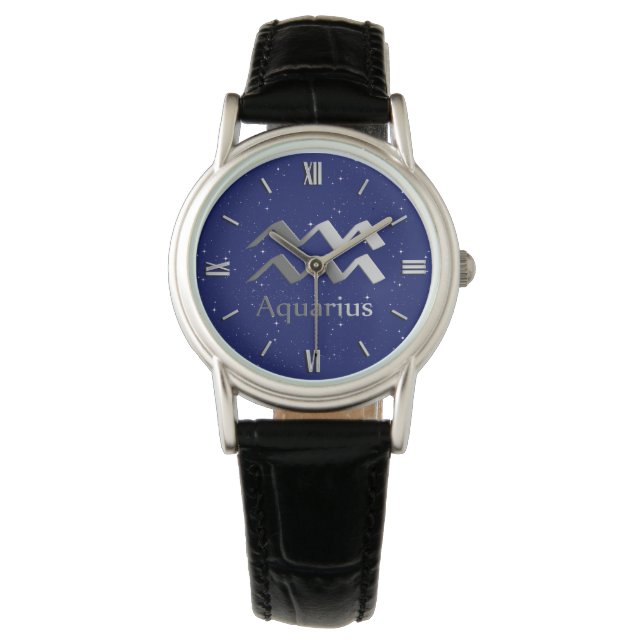 Zodiac Symbol for Aquarius on Deep Midnight Blue Watch (Front)