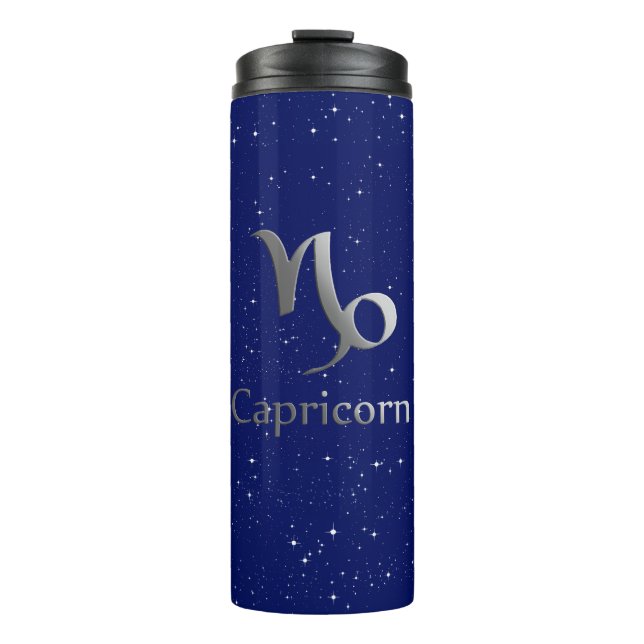 Zodiac Symbol for Capricorn on Deep Midnight Blue  Thermal Tumbler (Front)