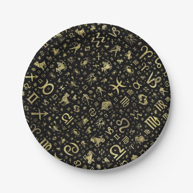 Zodiac symbols and glyphs Gold on black Paper Plate (Front)