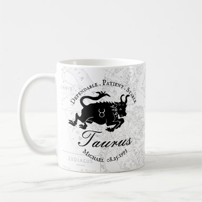 Zodiac Taurus Custom Black White Astrology Traits Coffee Mug (Left)