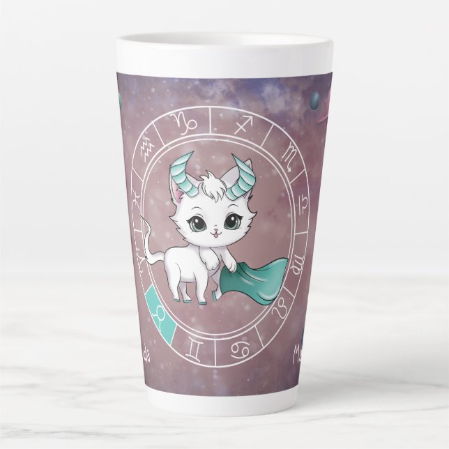 Zodiac Taurus Cute Cat Wheel Planet Astrology Latte Mug (Front)