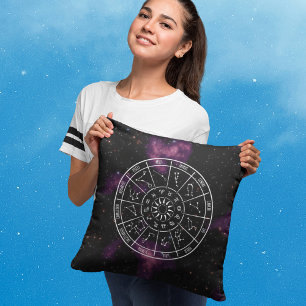 Zodiac Throw Pillow   Night Sky with Purple Nebula