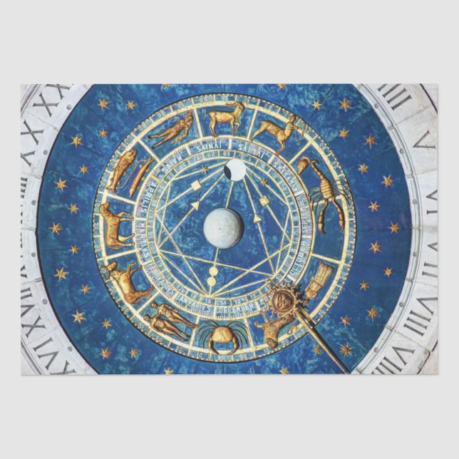 Zodiac Wheel Blue Gold Star Signs Cosmic Celestial Tissue Paper (Front)