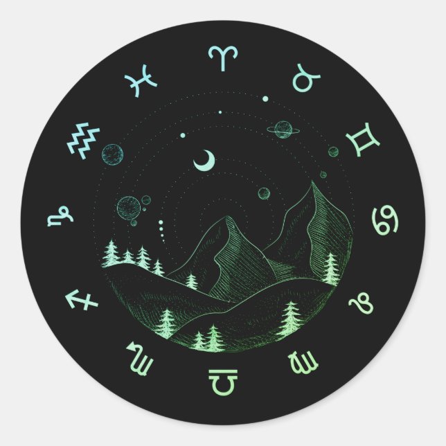 Zodiac Wheel Mountain Landscape   Classic Round Sticker (Front)