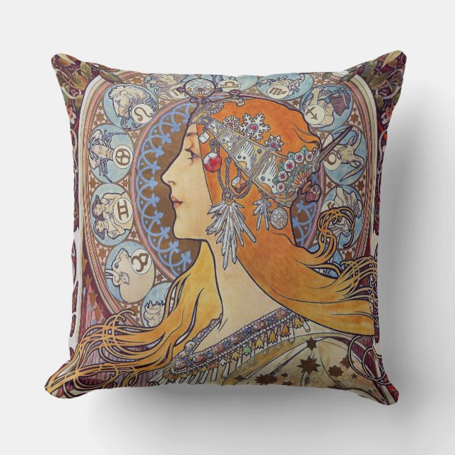 Zodiac with Her Tiara Art Nouveau Throw Pillow (Front)