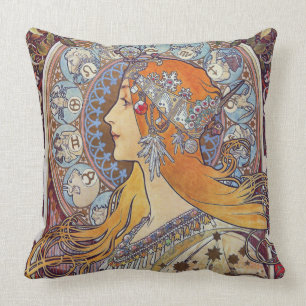 Zodiac with Her Tiara Art Nouveau Throw Pillow