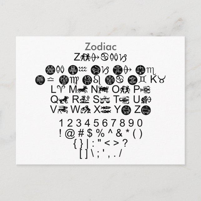 Zodiac - Zazzle Font Sampler Sheet with Guide Postcard (Front)