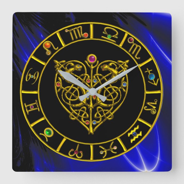 ZODIACAL SIGNS IN BLUE,GOLD ASTRAL HEART Astrology Square Wall Clock (Front)