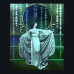 Zohara: Art Deco Woman in Aqua & Green Poster<br><div class="desc">Zohara in opera gown and coat. Her coat is silk-lined brocade,  her dress is silk,  lavishly embroidered with metallic threads. She stands against a backdrop of colourful glowing silk with strands of sparkling stars and rainbow glass in a metallic frame.</div>