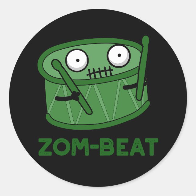 Zom-beat Funny Halloween Zombie Drum Pun Dark BG Classic Round Sticker (Front)