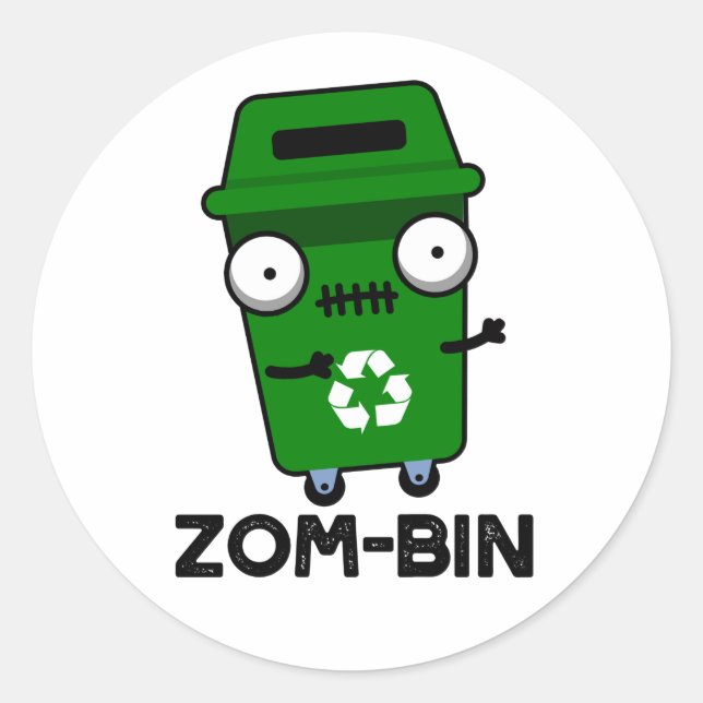 Zom-bin Funny Halloween Zombie Trash Bin Pun Classic Round Sticker (Front)