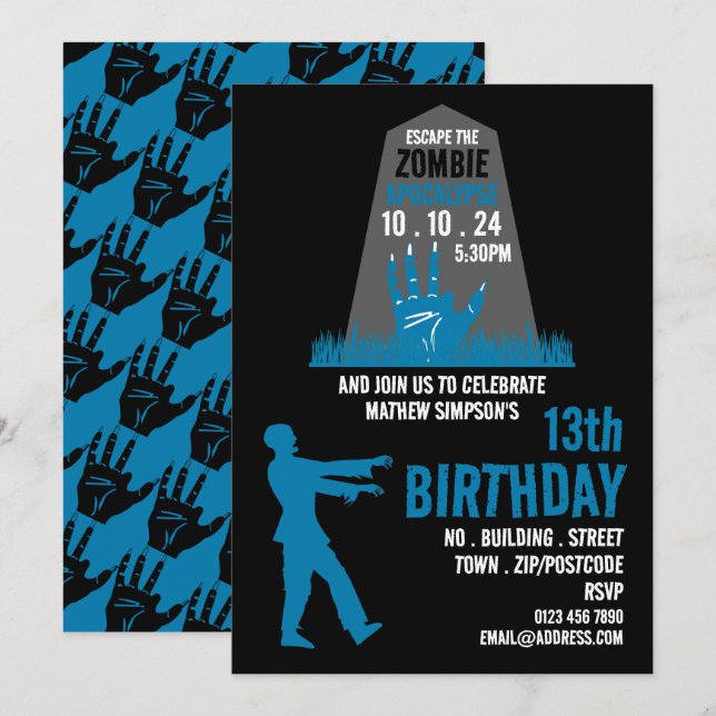 Zombie Apocalypse Theme Escape Room Birthday Party Invitation (Front/Back)