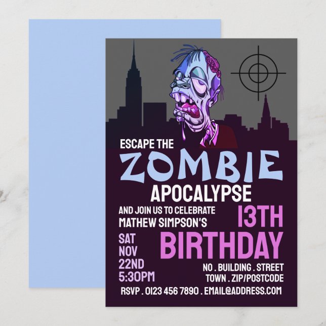Zombie Apocalypse Theme Escape Room Birthday Party Invitation (Front/Back)
