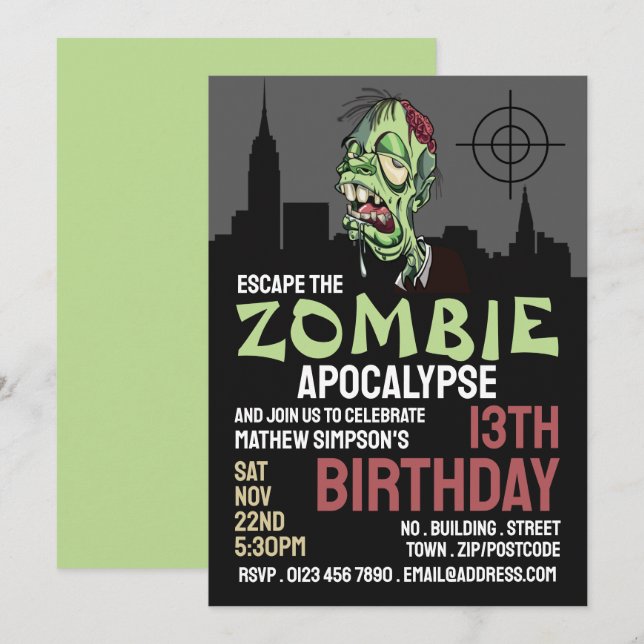 Zombie Apocalypse Theme Escape Room Birthday Party Invitation (Front/Back)