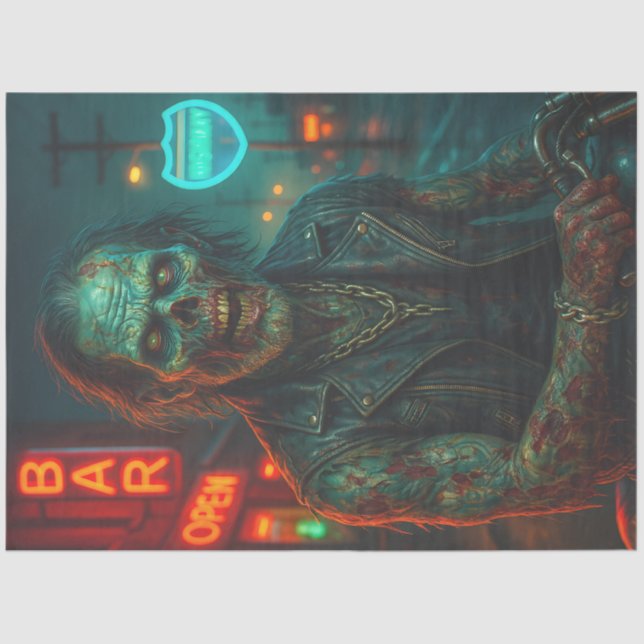 Zombie Biker in Neon Night | Gothic Halloween  Tissue Paper (Front)