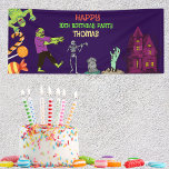 Zombie Birthday Kids Party Banner<br><div class="desc">Transform your birthday into an unforgettable celebration for both you and your guests with this lively and colourful design featuring zombies, mummies, graveyards, sweets, and more. Easily personalize it with your details, and you're ready to go. Enjoy your birthday party</div>
