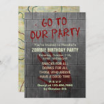 Zombie Birthday Party Undead Apocalypse Blood Text Invitation<br><div class="desc">Throw a zombie - themed birthday party with these creepy invitations. Except for the bloody "Go To Our Party" text dripping down the concrete wall, all text is customizable on these scary invites inspired by the undead. Below your custom text on the grey distressed wall, there is a bloody handprint,...</div>