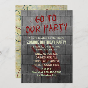 Zombie Birthday Party Undead Apocalypse Blood Text Invitation