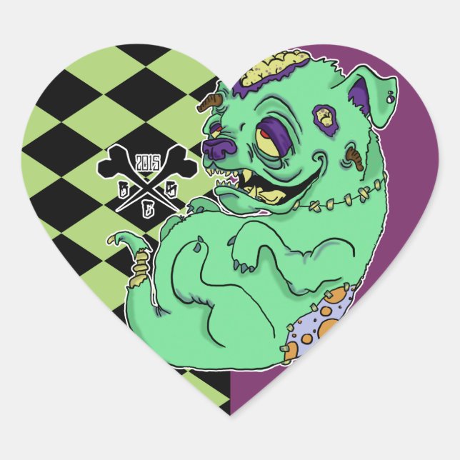 Zombie Bull Dog Heart Sticker (Front)