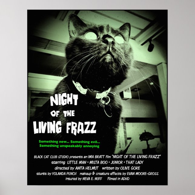 Zombie Cat Horror Movie Poster, Green 16 x 20 Poster (Front)