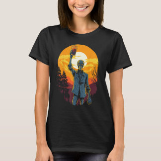 Zombie Celebrating Happy Halloween Moon Sunset T-Shirt